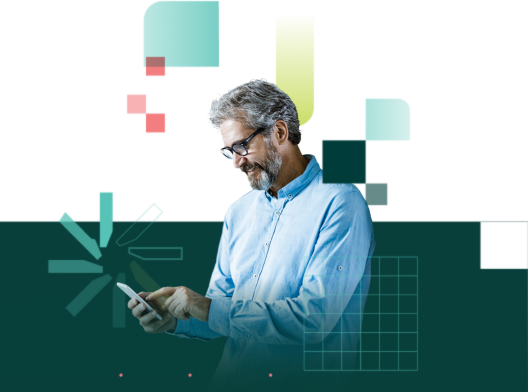 Man in blue shirt holding phone